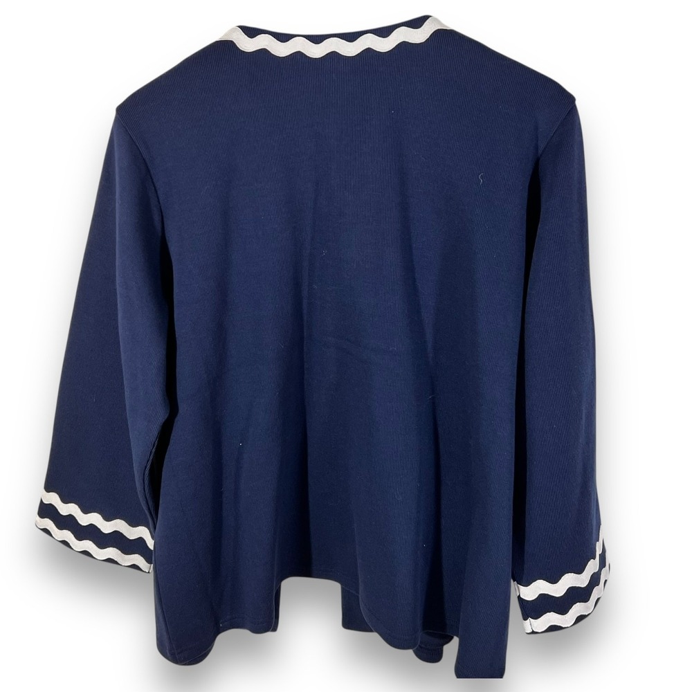 Bob Mackie Cardigan XS Navy Blue White Ric Rac Trim Cotton Knit NWT - Picture 3 of 10